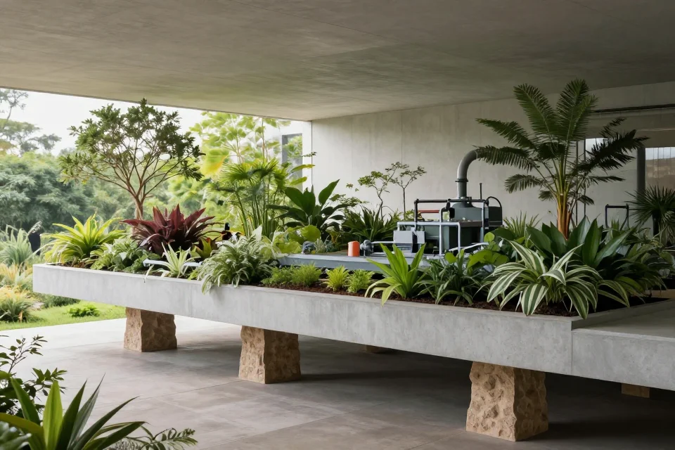Perspectiva interior de una terraza suspendida, mostrando cómo la ingeniería integró la vegetación con sistemas hidráulicos para crear un espacio verde en la antigua Babilonia.
