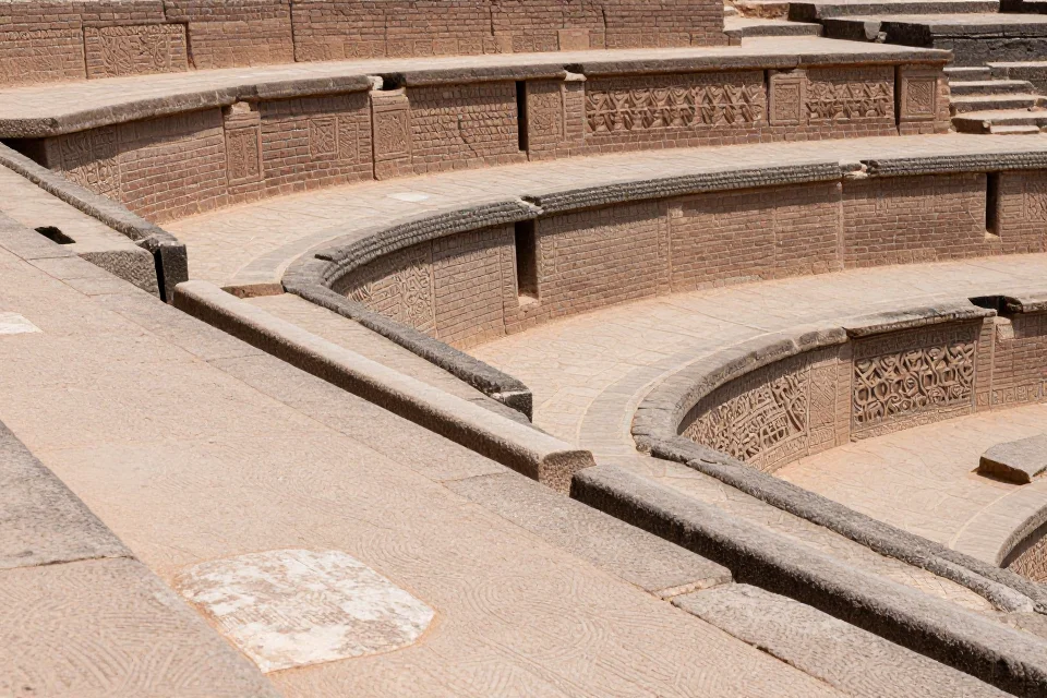 Detalles de las terrazas y canales de irrigación que forman la estructura ingenieril de los Jardines Colgantes, destacando la precisión técnica de la construcción babilónica.