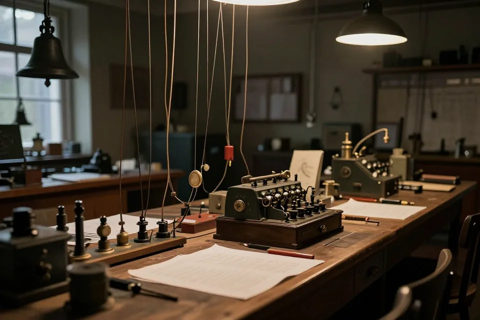 Interior del laboratorio de Bell con equipos de telecomunicaciones, planos de ingeniería y herramientas científicas en un ambiente cinematográfico.