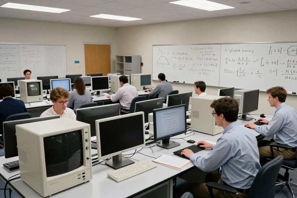 Panorámica de un laboratorio de computación de la mitad del siglo XX con filas de mainframes, ingenieros en equipo y pizarras con ecuaciones matemáticas