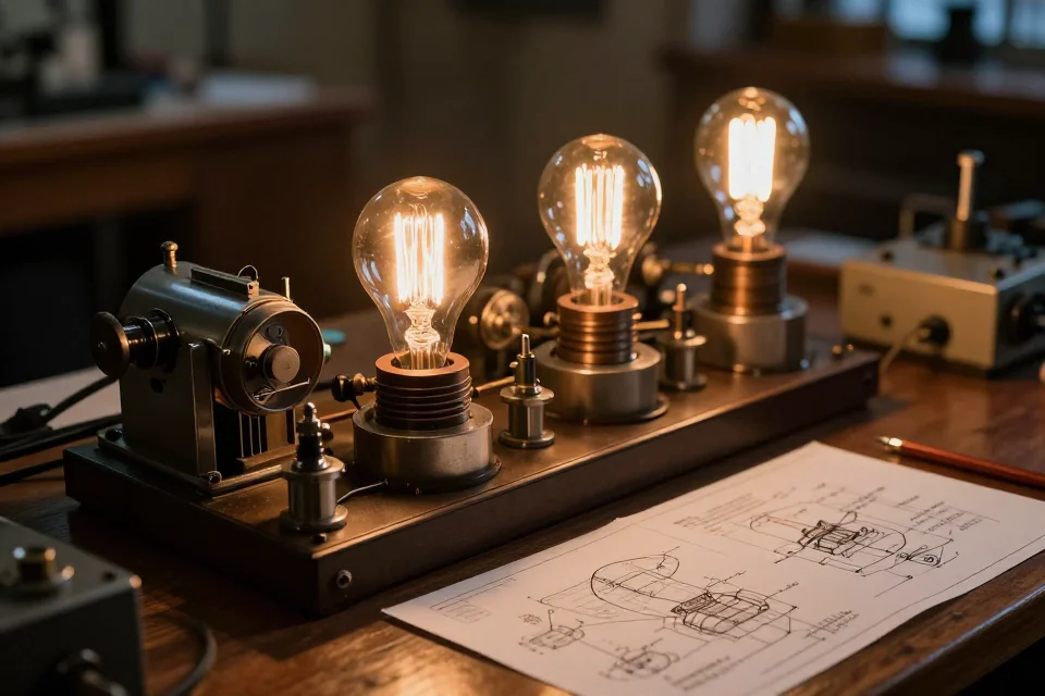 Detalles de maquinaria y esquemas técnicos en el laboratorio de Edison, mostrando su innovación en electricidad y comunicación