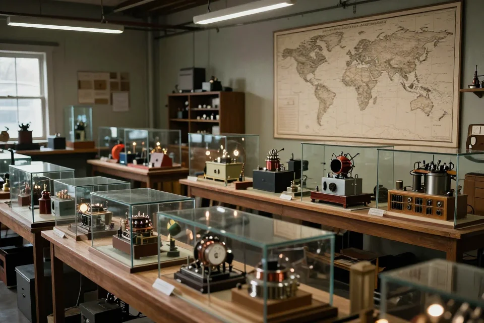 Perspectiva interior del taller de Edison con inventos eléctricos, mapas y equipos de investigación en un entorno profesional