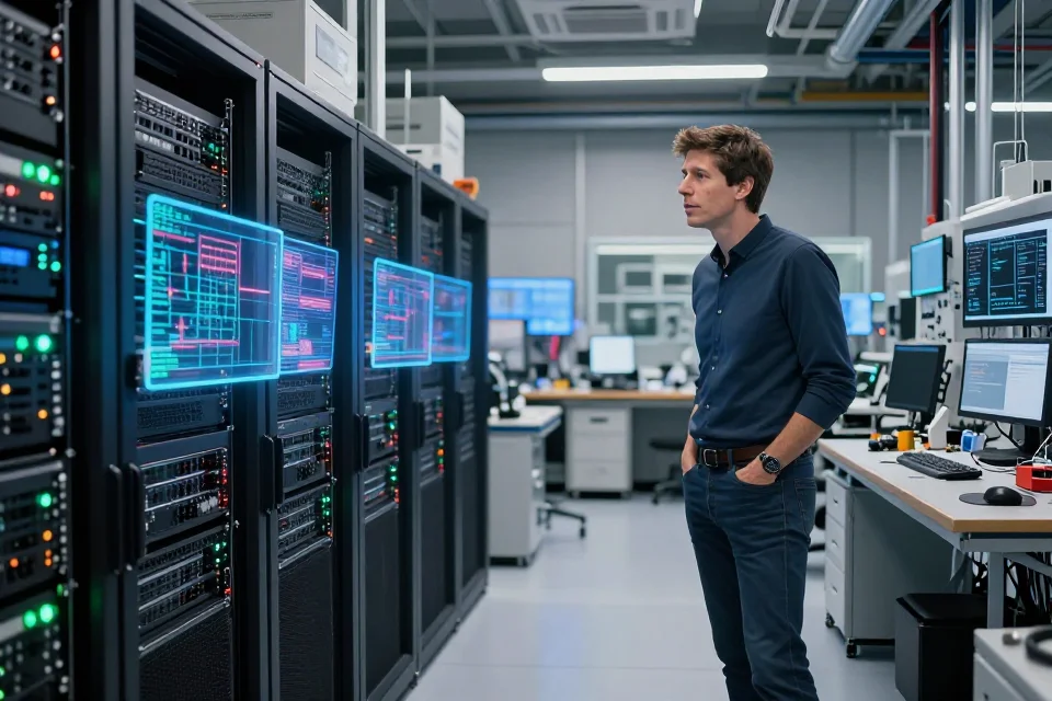 Perspectiva interior de un laboratorio de alta tecnología con servidores, displays holográficos y herramientas de ingeniería, mostrando a Sam Altman junto a un panel de control.