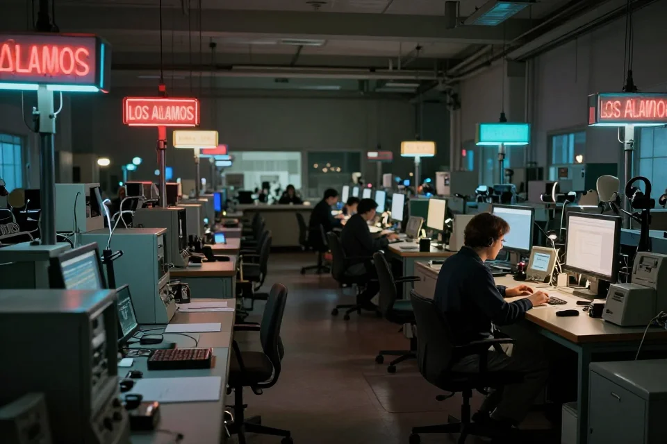 Interior del laboratorio de **Los Alamos** con mesas de trabajo, equipos científicos y luces neón en un ambiente cinematográfico