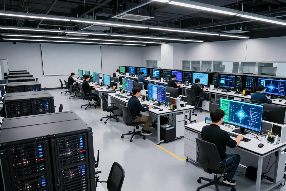 Perspectiva interior del laboratorio de investigación de NVIDIA con servidores, pantallas holográficas y equipos de computación cuántica