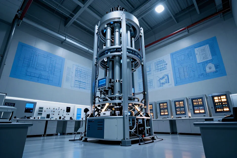 Vista interior del laboratorio de Tesla con maquinaria alta, planos en las paredes y paneles eléctricos brillantes, perspectiva cinematográfica