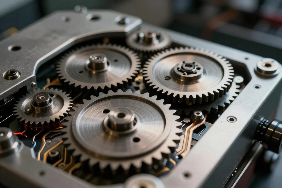 Detalles técnicos de la Máquina de Turing con engranajes y circuitos, iluminación industrial que resalta su estructura