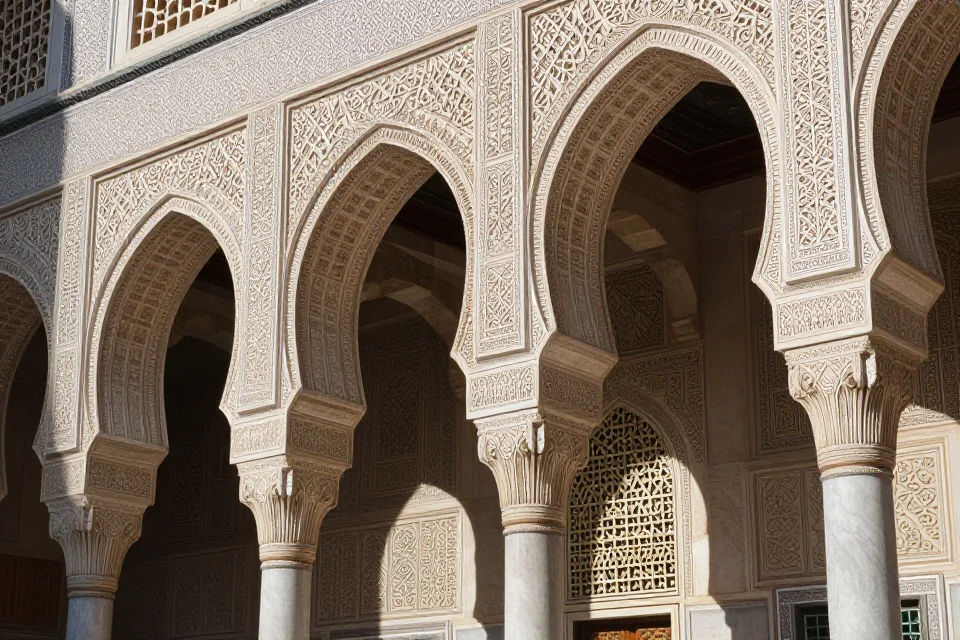 Detalles de los arcos interconectados y el mihrab de la mezquita, resaltando la artesanía islámica en un encuadre de alta profundidad.
