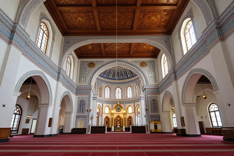 Interior de la nave principal con el techo de madera estrellado y la transición entre elementos arquitectónicos islámicos y cristianos.