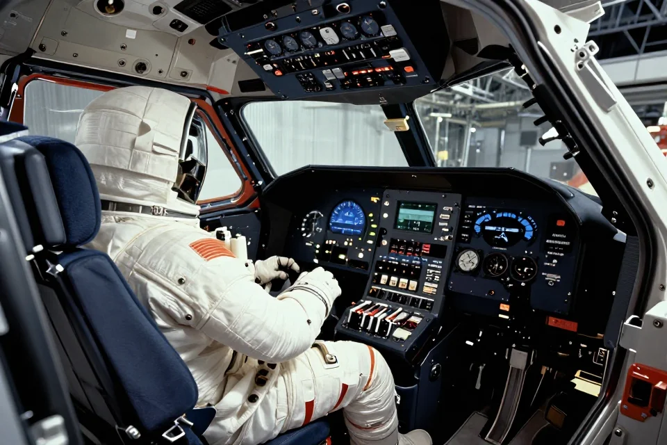 Interior del módulo de comando del Apolo 11, con paneles de control y elementos tecnológicos en perspectiva cinematográfica.