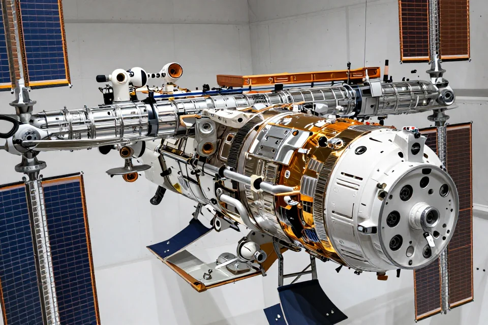 Detalles del módulo Unity de la ISS, mostrando sus paneles solares y componentes técnicos que reflejan su construcción modular.
