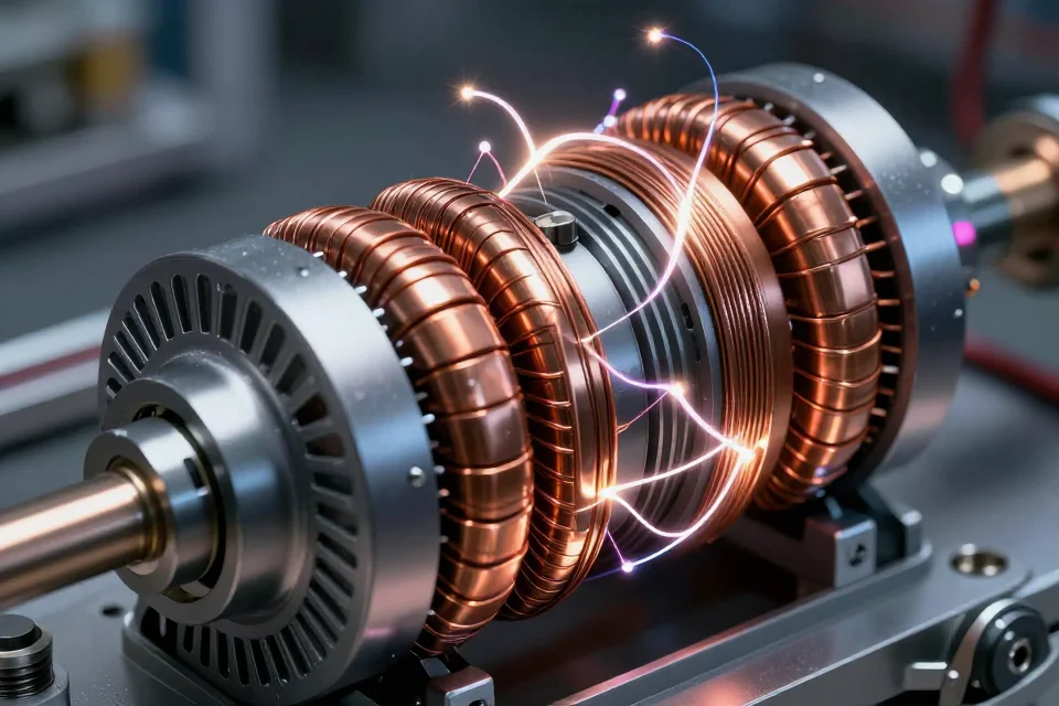 Detalles del motor de corriente alterna de Tesla con bobinas de cobre y arcos eléctricos brillantes, iluminación industrial, ilustración técnica