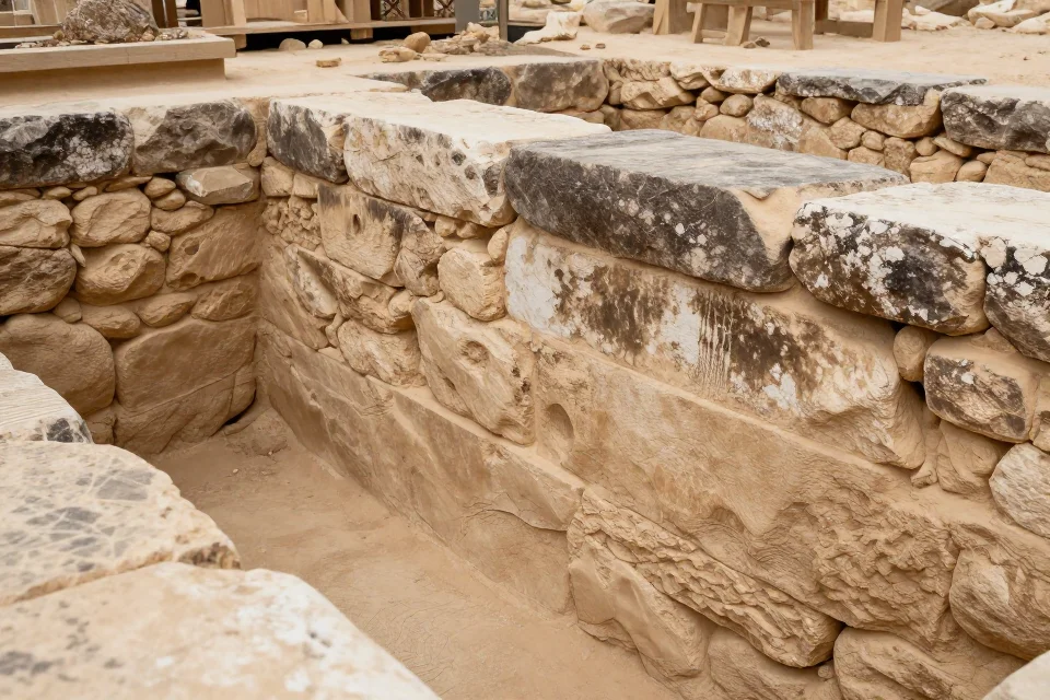 Detalles de la cimentación y técnicas constructivas del muro defensivo de Jericó, destacando la precisión de la ingeniería neolítica.