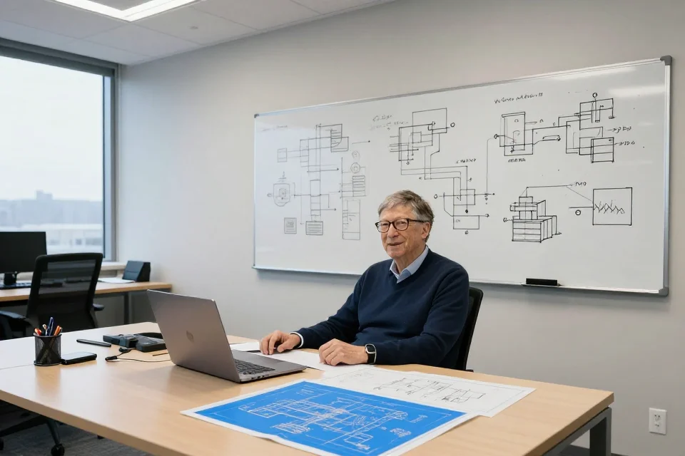 Vista interior de la oficina de Bill Gates, con escritorio, laptop, planos y pizarra con diagramas técnicos. Perspectiva que muestra el equilibrio entre creatividad y ingeniería.