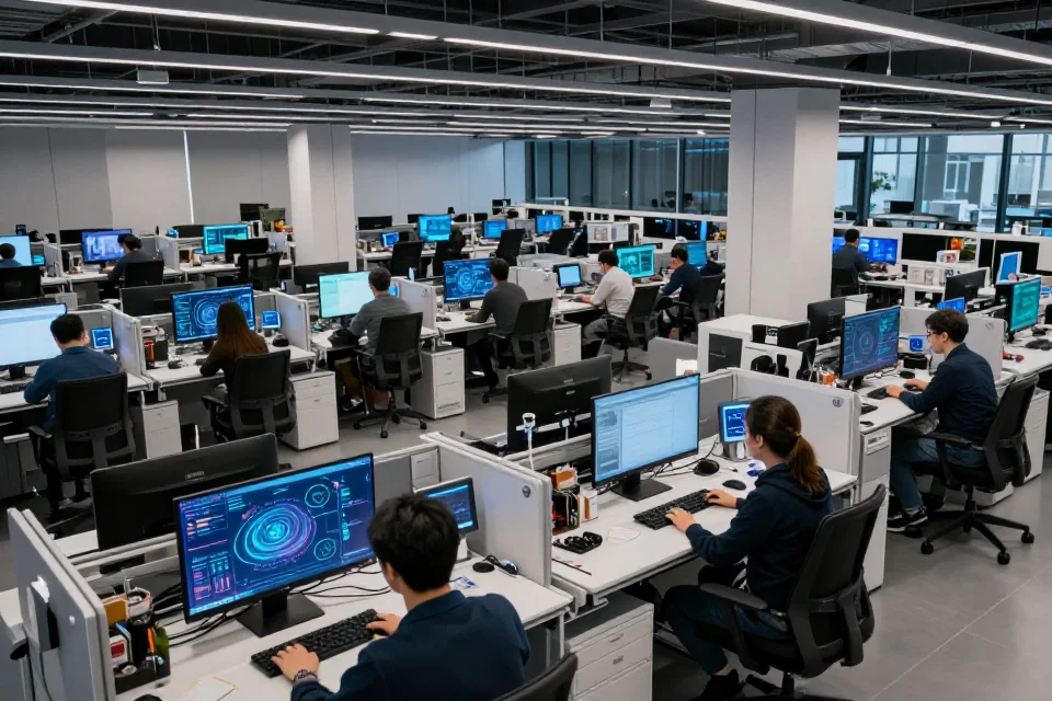 Perspectiva interior de la oficina de DeepMind con equipos tecnológicos y colaboración de ingenieros en un entorno innovador.