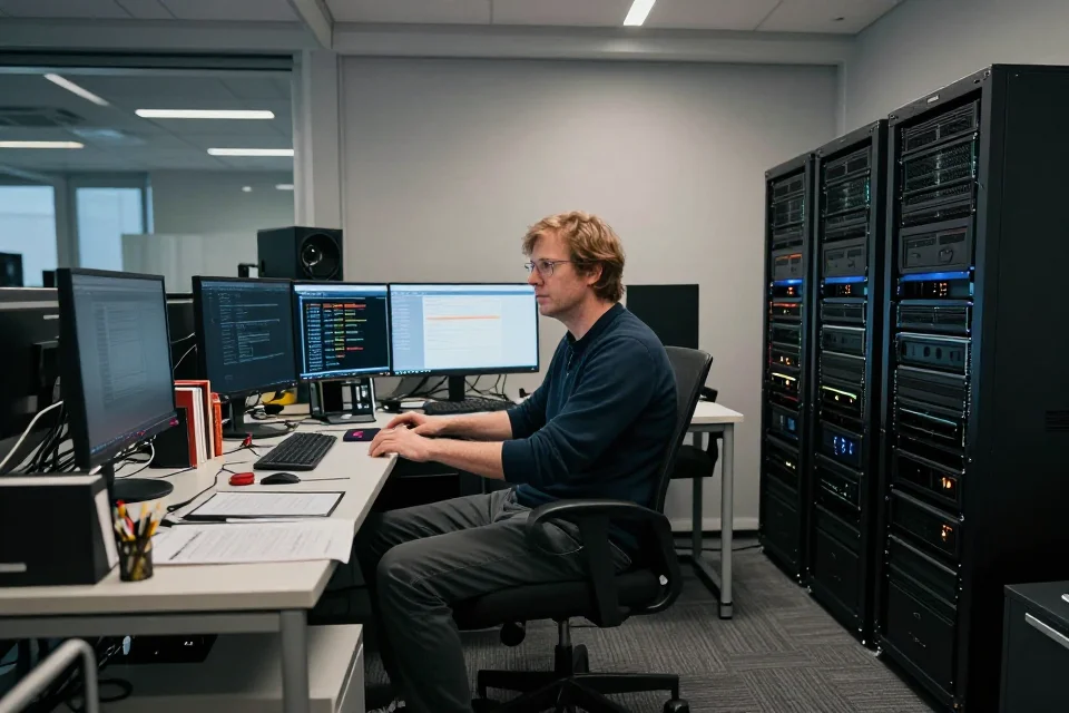 Vista interior del espacio de trabajo de Linus Torvalds con equipos tecnológicos y libros, perspectiva editorial cinematográfica.