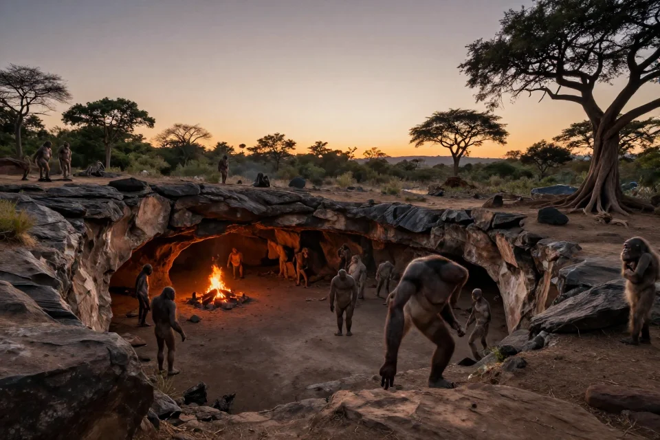 Vista panorámica del hábitat de Homo erectus al atardecer, entrada de la cueva con luz del fuego, paisaje rocoso y árboles antiguos, composición cinematográfica naturalista.