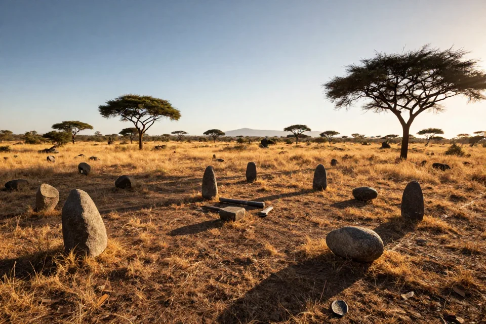 Vista panorámica del paisaje de Homo habilis en sabana con herramientas dispersas, luz del atardecer creando sombras dramáticas