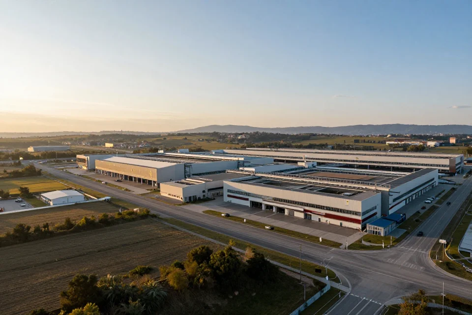 Panorámica de la fábrica Ferrari en su entorno industrial, simbolizando su impacto en la industria del automovilismo