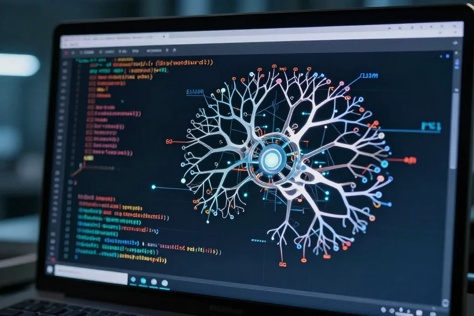 Detalles técnicos de una red neuronal en una pantalla de computadora, resaltando algoritmos de inteligencia artificial en un laboratorio de alta tecnología.