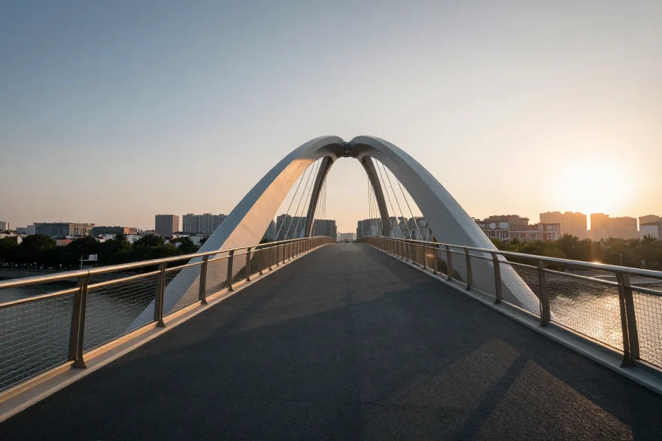 Paso peatonal futurista sobre una ciudad en horario de crepúsculo, vista panorámica