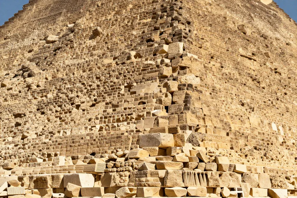 Detalles de la base y bloques de piedra caliza de la pirámide, reflejando la precisión técnica y los métodos de construcción empleados por los antiguos egipcios.