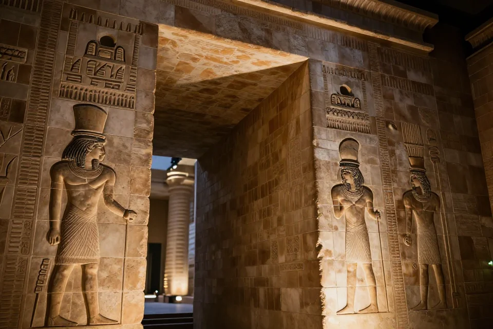 Interior de la puerta de Ishtar con cerámica esmaltada y relieves, destacando la artesanía babilonia y sistemas hidráulicos antiguos