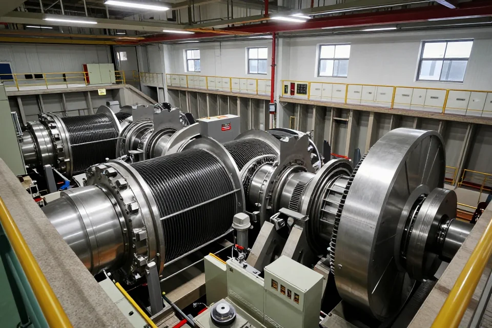 Interior de la sala de máquinas de la presa, mostrando turbinas gigantes y equipos eléctricos que generan energía hidroeléctrica.