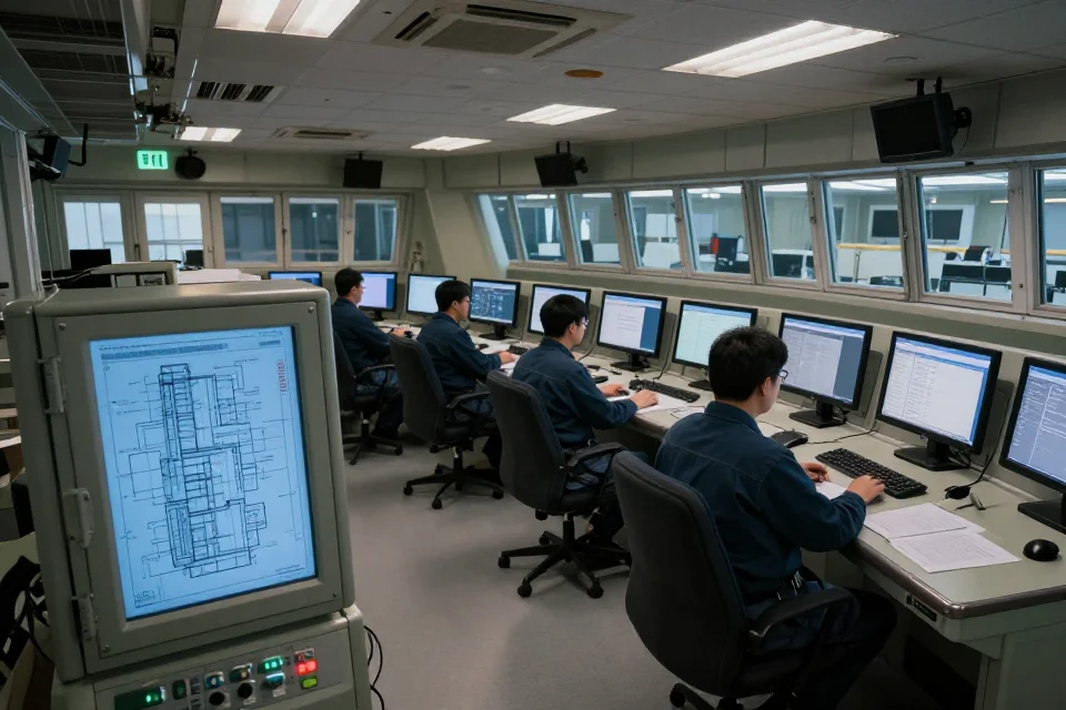 Interior de la sala de control del puente con equipos y planos, mostrando su funcionamiento mecánico y operativo.