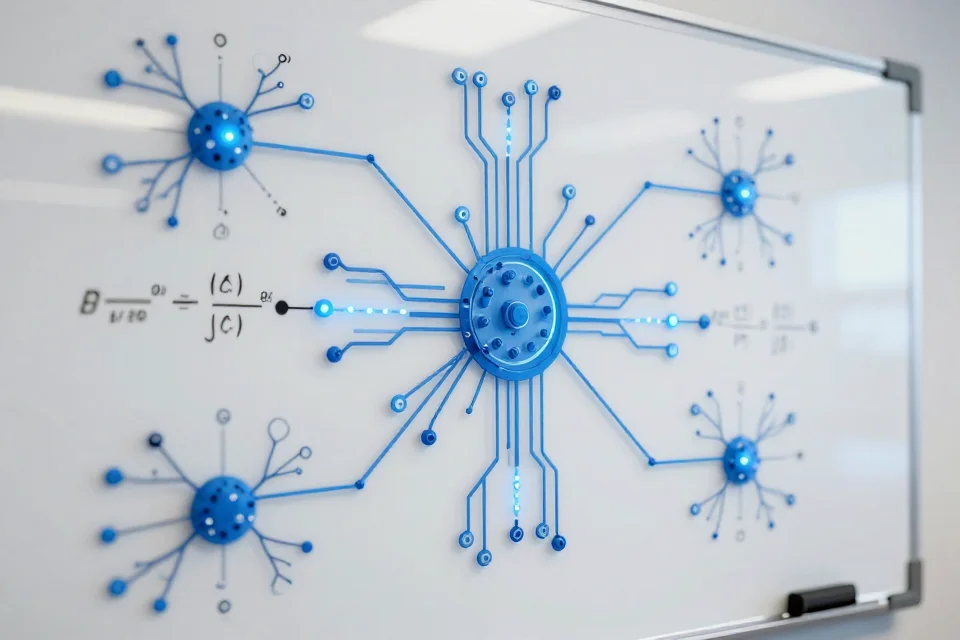Detalles de diagramas de redes neuronales en una pizarra, con patrones luminosos y ecuaciones matemáticas en un entorno minimalista.