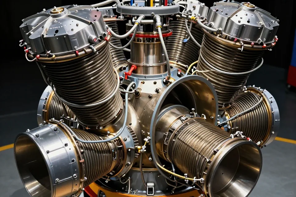 Detalles técnicos del motor F-1 del cohete Saturn V, destacando componentes de combustible y precisión ingenieril.