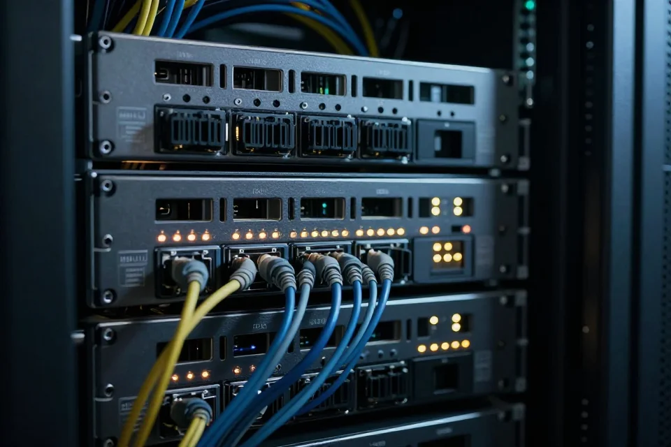 Detalles de un rack de servidores con luces parpadeantes y cables interconectados, destacando la infraestructura técnica detrás de las innovaciones de Bill Gates.