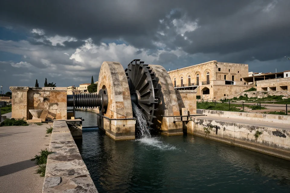 Panorámica del tornillo de Arquímedes en acción, integrado en un canal de agua. Vista de su obra en el contexto de Siracusa, con iluminación dramática.
