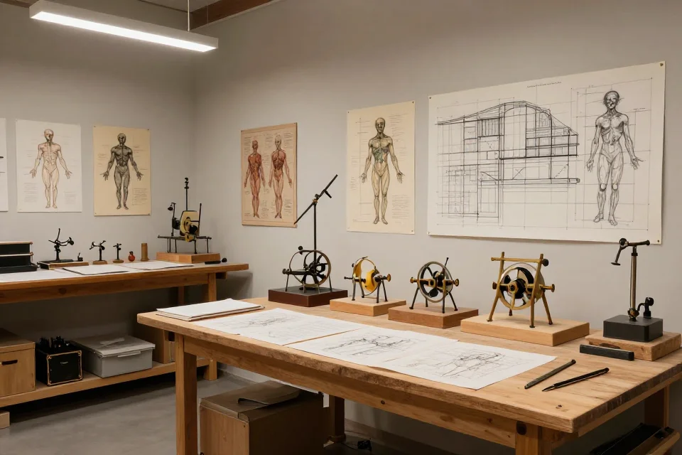 Interior del taller de Leonardo da Vinci, con maquinaria, herramientas y esbozos de sus inventos, en un entorno de trabajo creativo.