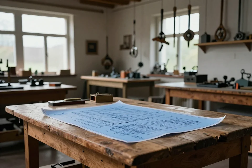 Interior de taller de Blaise Pascal con planos, instrumentos de ingeniería y herramientas, luz natural y profundidad de campo cinematográfica