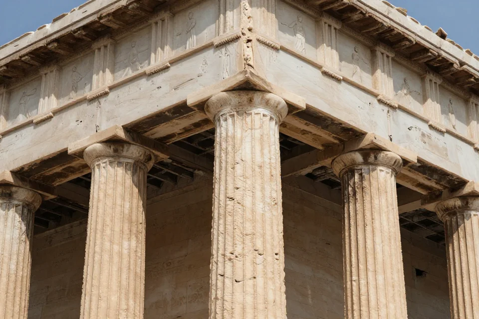 Detalles de las columnas y frisos del Templo de Hera, reflejando la técnica y artesanía de la ingeniería griega.