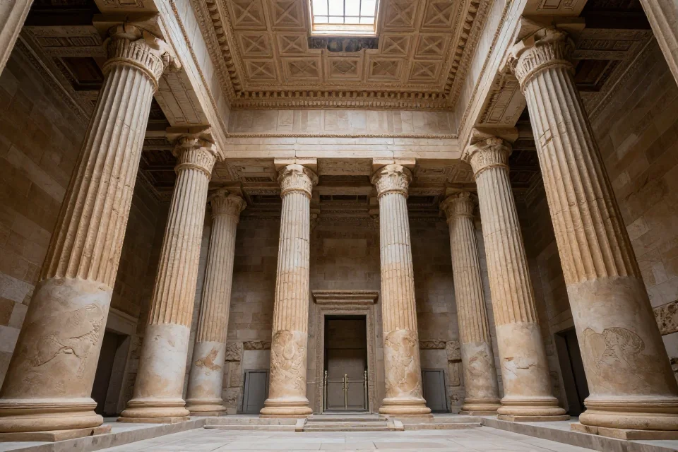 Interior del Templo de Hera con columnas y geometría que ilustran su diseño ingenieril y simetría clásica.