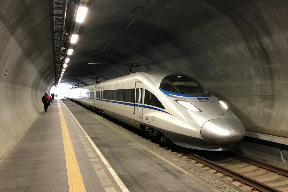 Perspectiva interior del túnel, ilustrando su diseño ingenieril y la operación de trenes de alta velocidad.