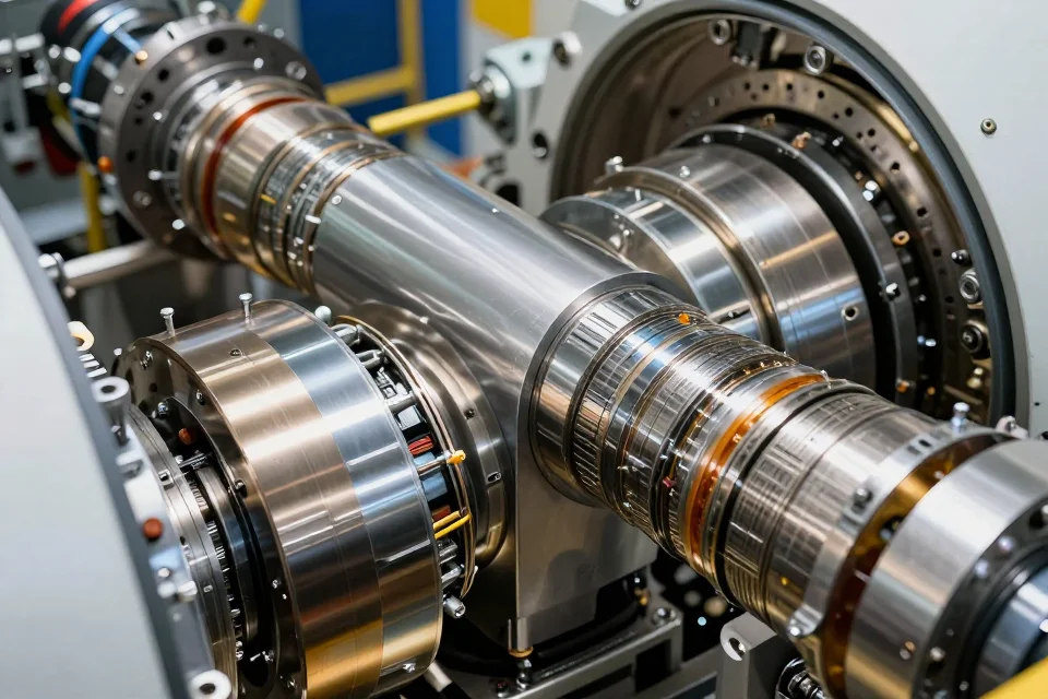 Detalles técnicos del Gran Colisionador de Hadrones, mostrando sus imanes superconductores y sistemas criogénicos con énfasis en la ingeniería precisa y materiales utilizados.