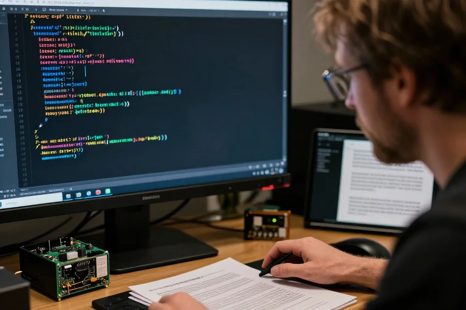 Detalles de la mesa de trabajo de Linus Torvalds con código de software y componentes de hardware, enfoque técnico y profesional.