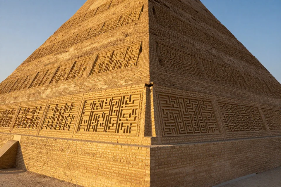 Detalles de la cimentación de la ziggurat de Etemenanki con patrones geométricos, textura de materiales antiguos y luz dorada