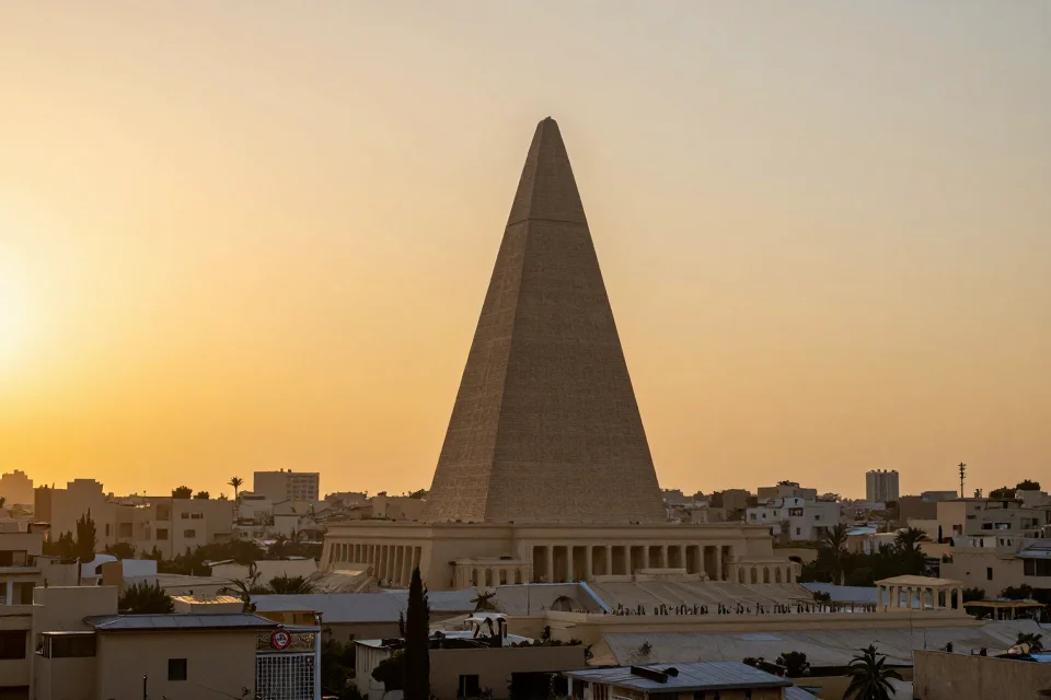 Panorámica de la ziggurat de Etemenanki sobre el horizonte de Babilonia al atardecer, arquitectura monumental en el paisaje